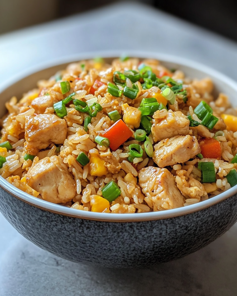 Close-up of chicken fried rice cooking in pressure cooker with sesame oil aroma