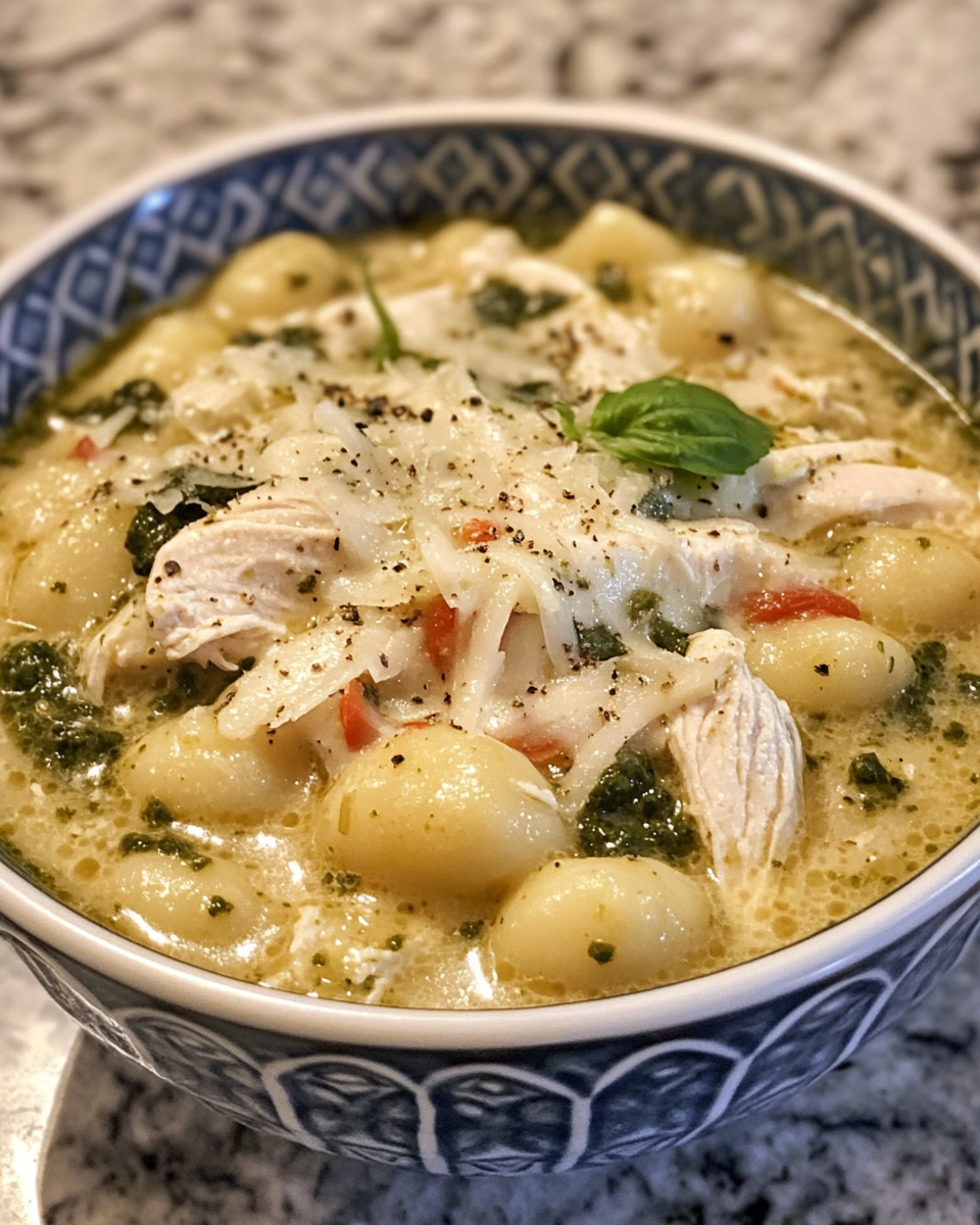 Ingredients and cooking steps showing gnocchi, chicken, pesto, and fresh spinach in pot