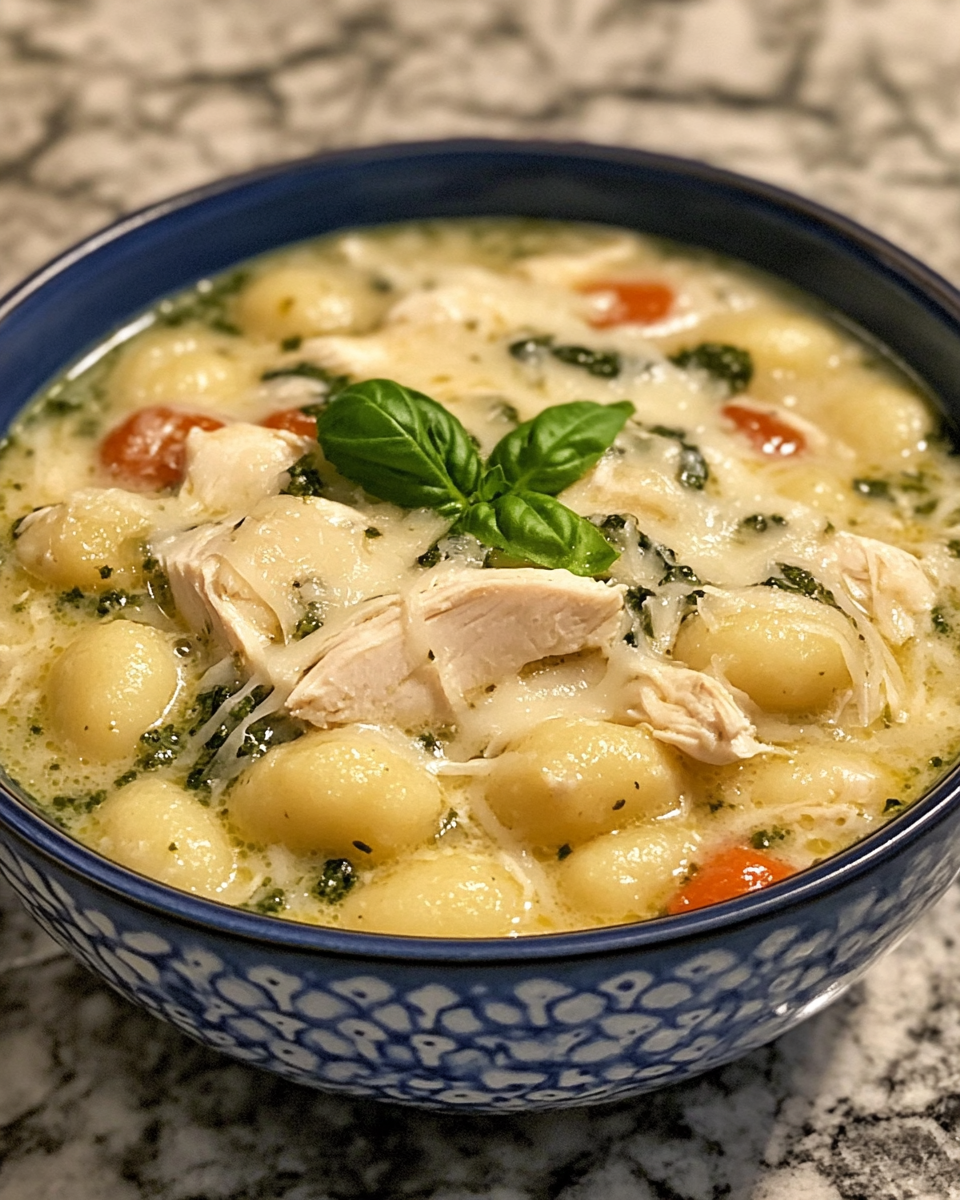 Creamy chicken gnocchi pesto soup served in bowl with garnish showing texture and color