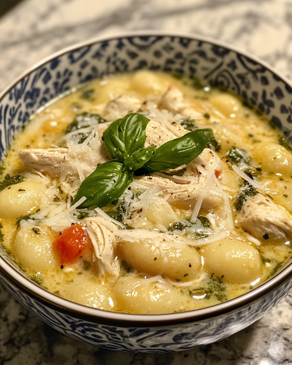 Close-up of bubbling chicken gnocchi pesto soup in pressure cooker showing stew texture and colors