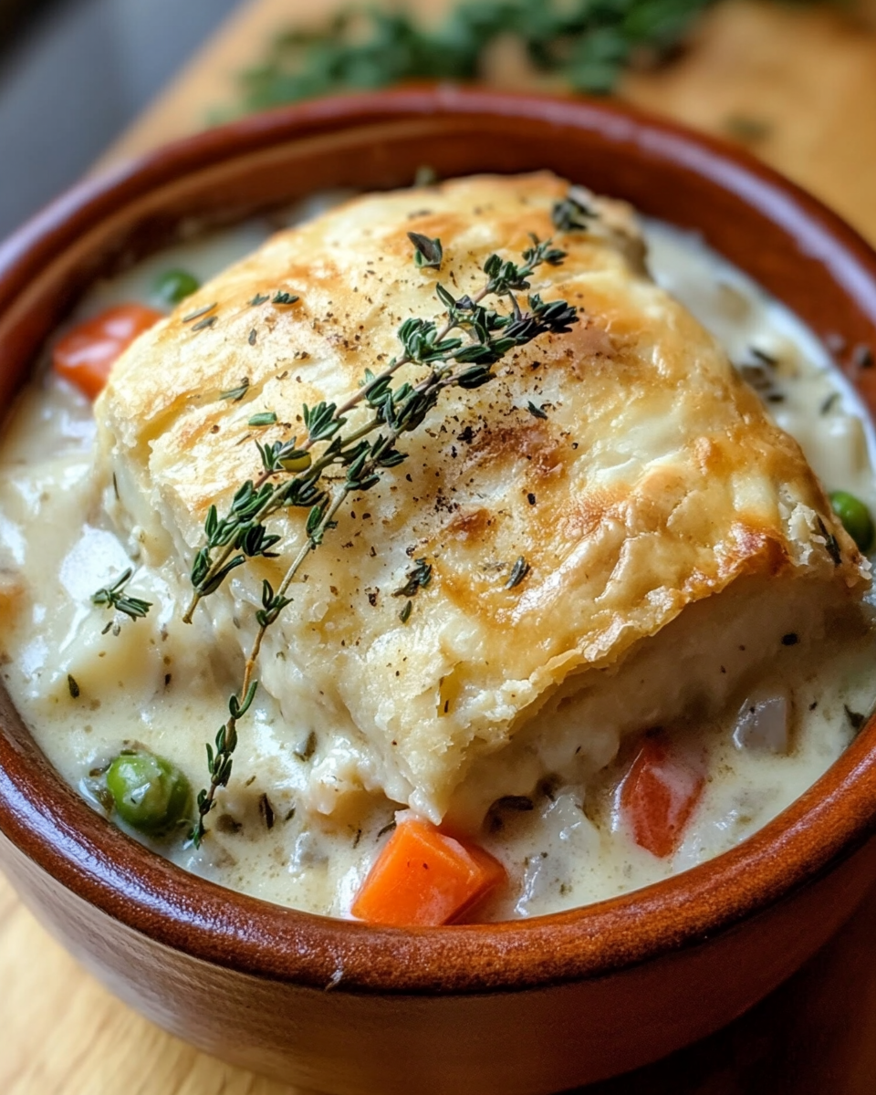 Golden, flaky chicken pot pie ready to serve