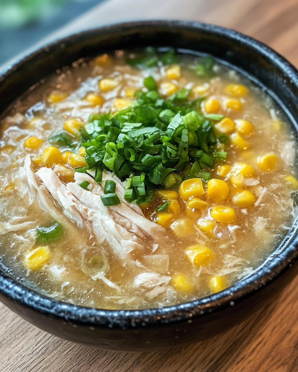 Served bowl of Chinese corn soup with chicken garnished with green onions