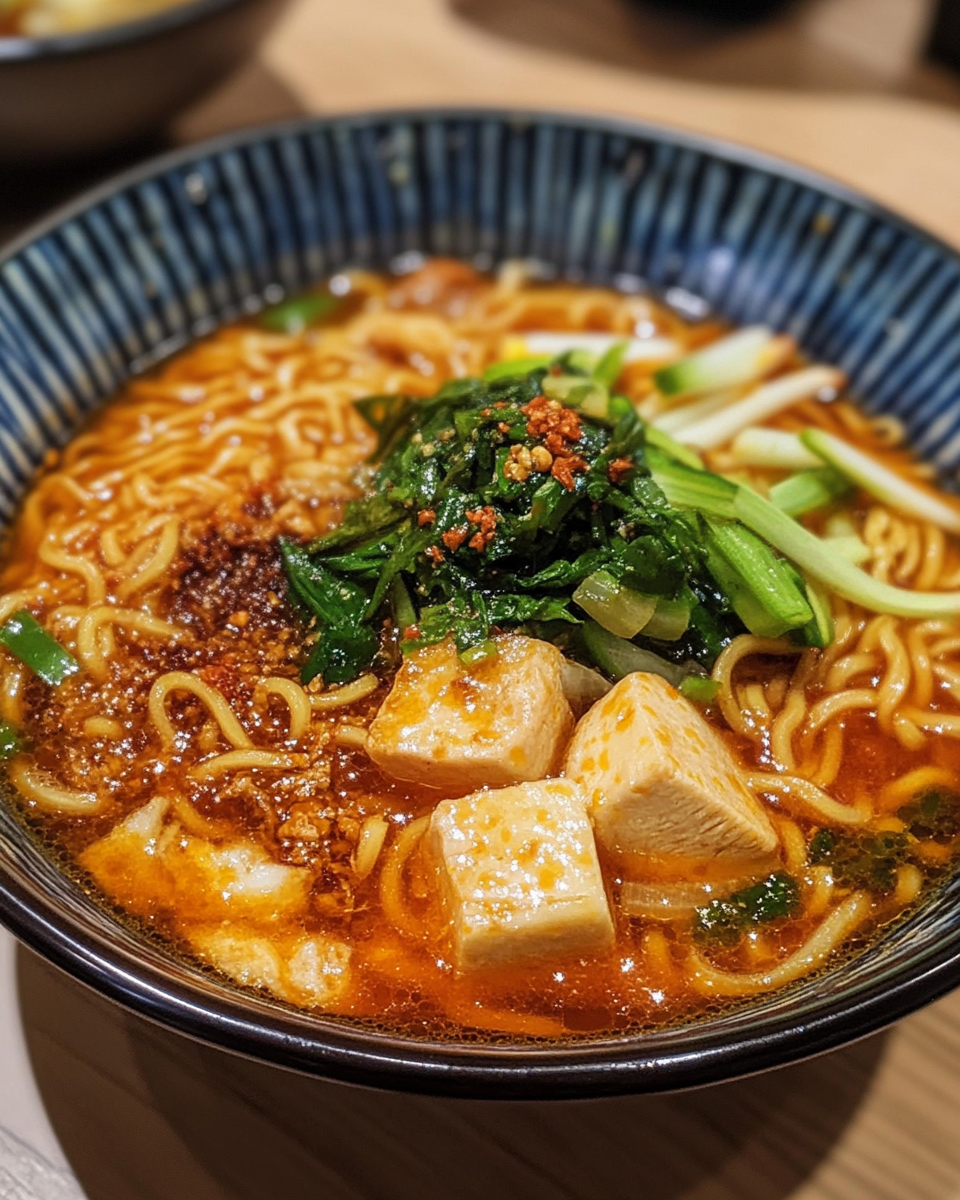 Steaming bowl of Chinese noodle soup with fresh bok choy topping