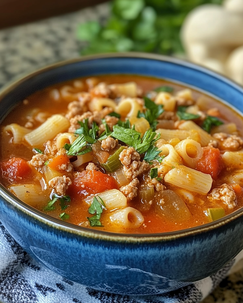 Ingredients mixed in slow cooker for Pasta e Fagioli soup