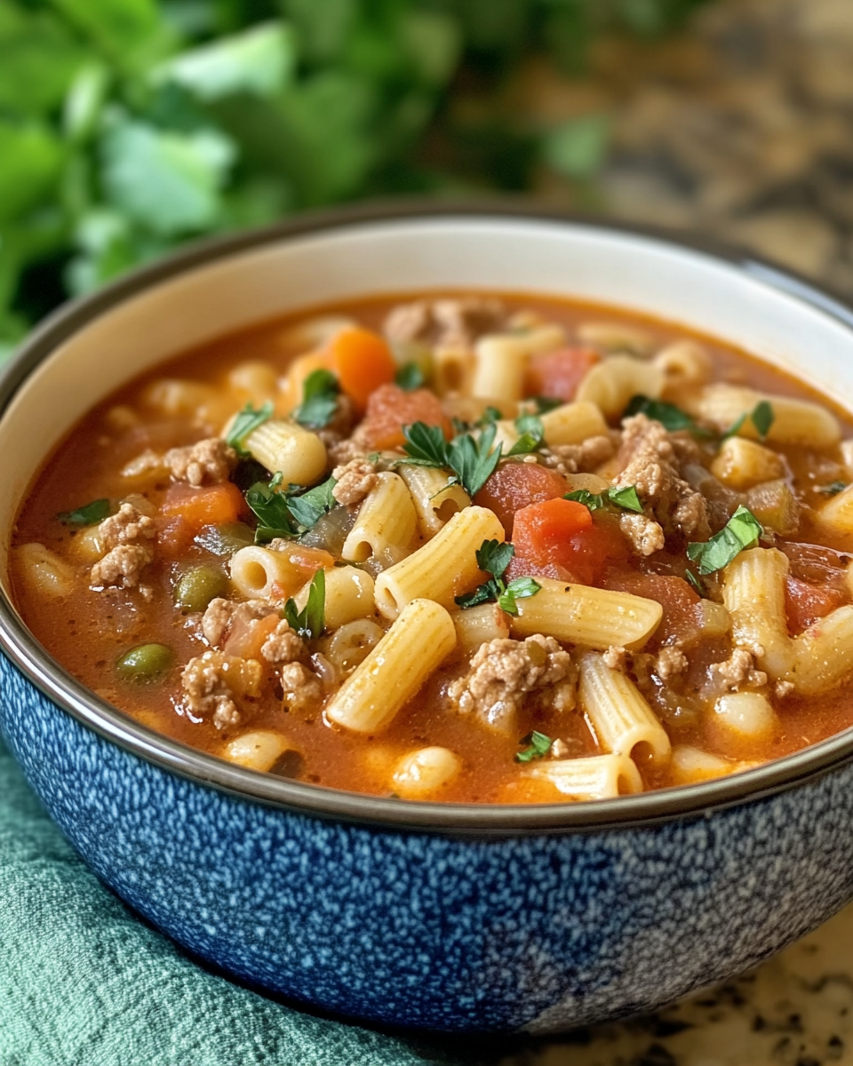 Bowl of served Pasta e Fagioli soup topped with Parmesan and parsley