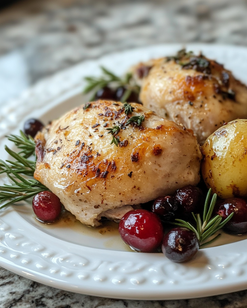 Tender cranberry chicken served on white plate
