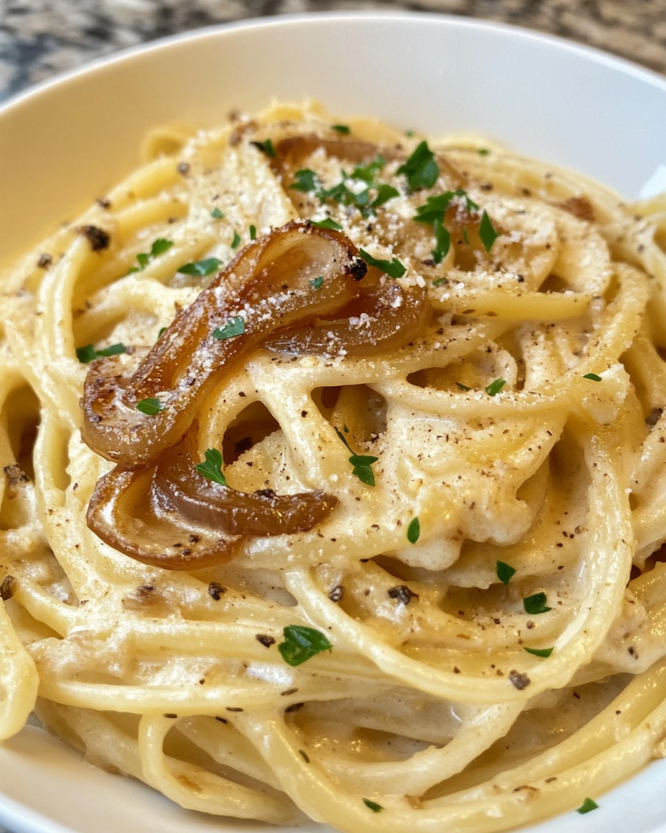 Ingredients for creamy caramelized onion pasta laid out