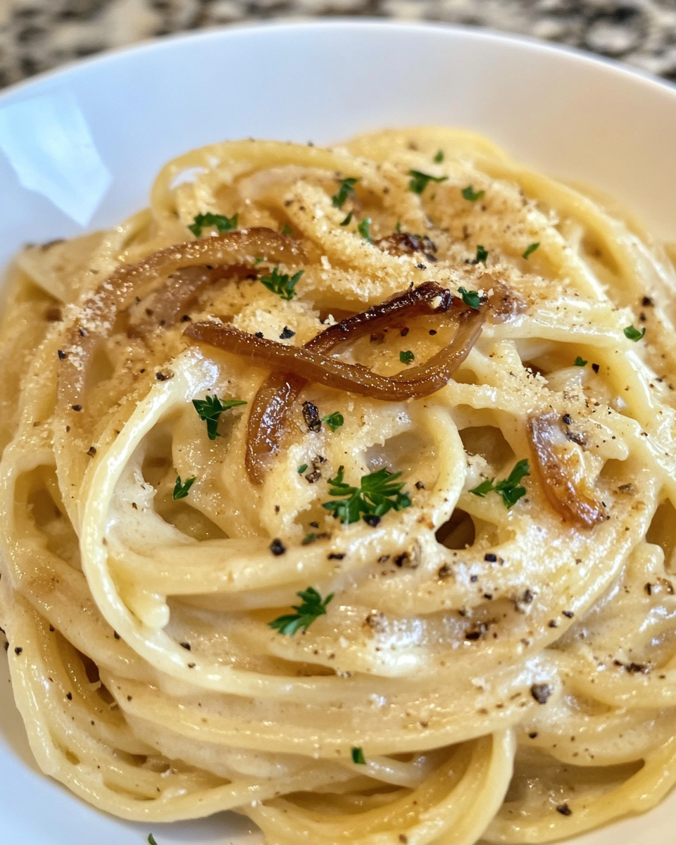 Delicious plated creamy caramelized onion pasta garnished with parsley