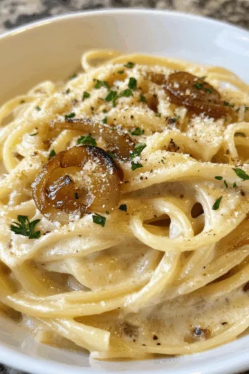 Creamy Caramelized Onion Pasta taken with iphone 15 pro max --iw 2 --ar 4:5 --v 6.1 --raw