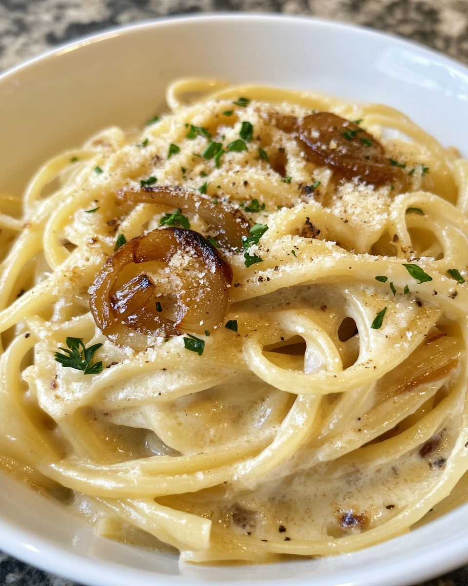 Creamy caramelized onion pasta fresh and inviting in pressure cooker