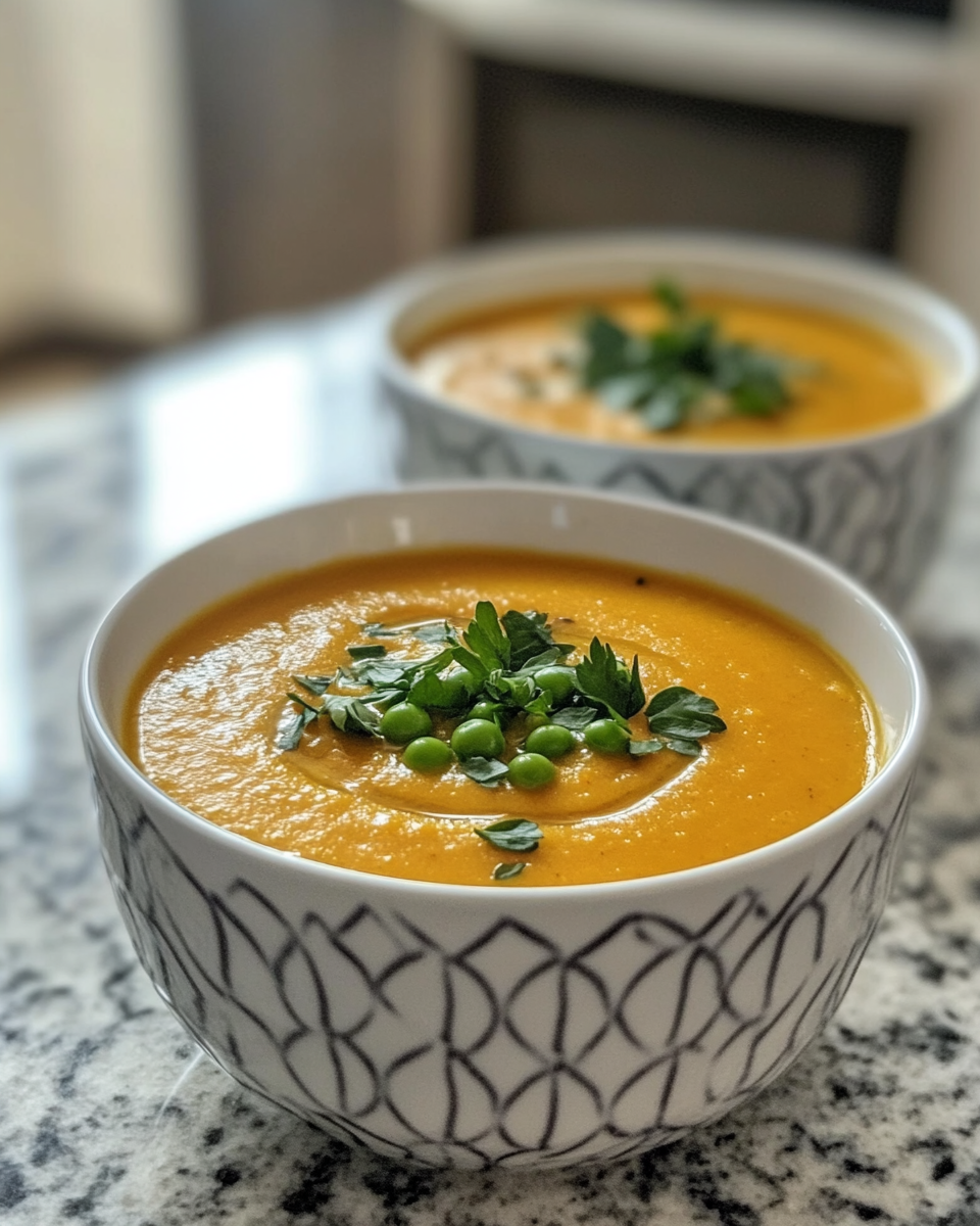 Fresh chopped ingredients for creamy carrot and pea soup including onions, celery and carrots