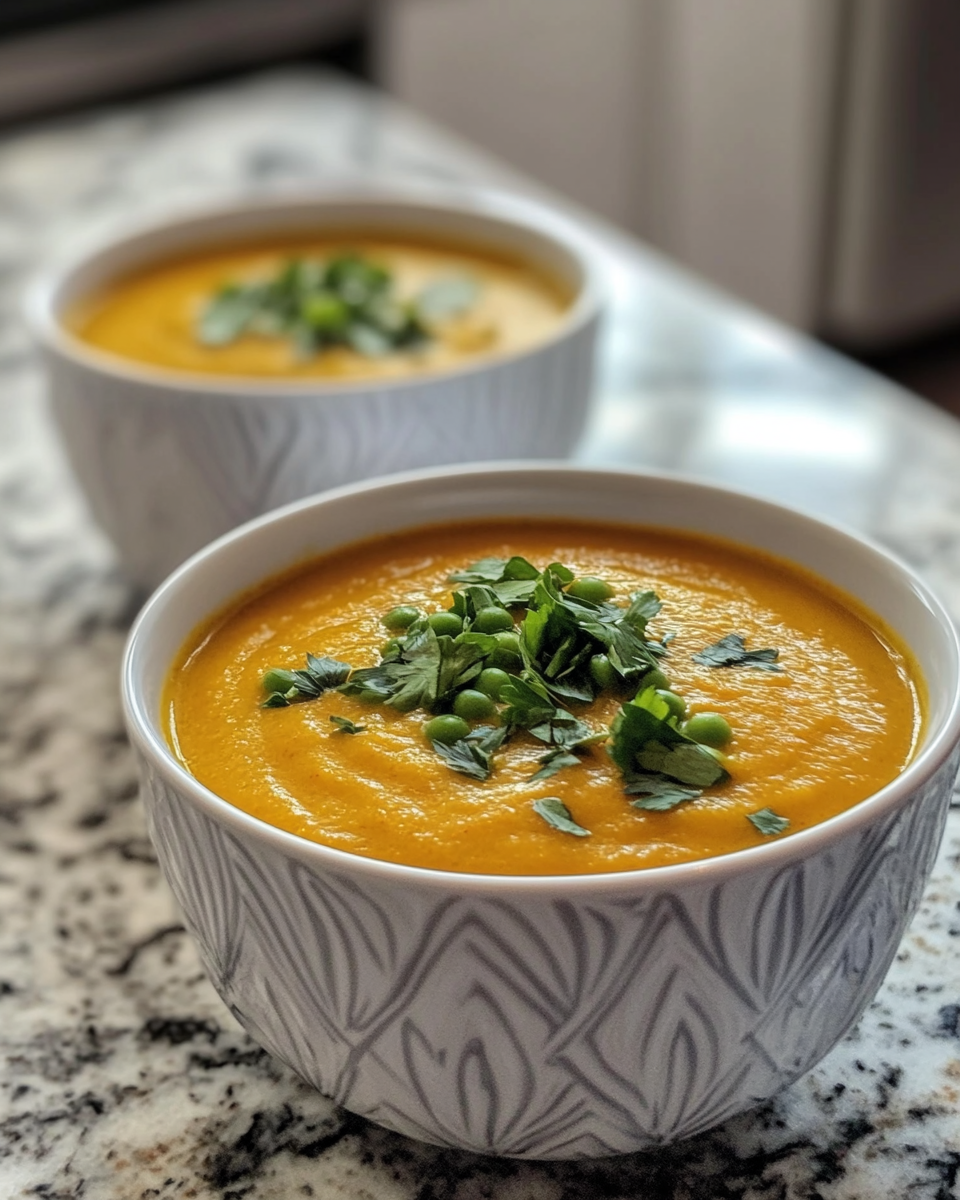 Bowl of creamy carrot and pea soup garnished with fresh herbs ready to serve