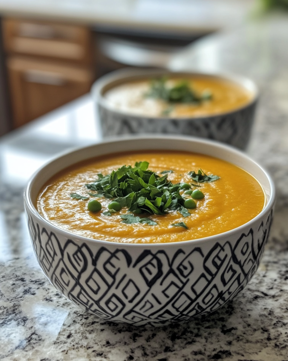 Creamy carrot and pea soup cooking in pressure cooker, rich and inviting