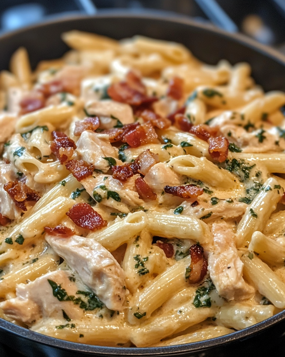 Ingredients for creamy chicken bacon ranch pasta laid out on kitchen counter