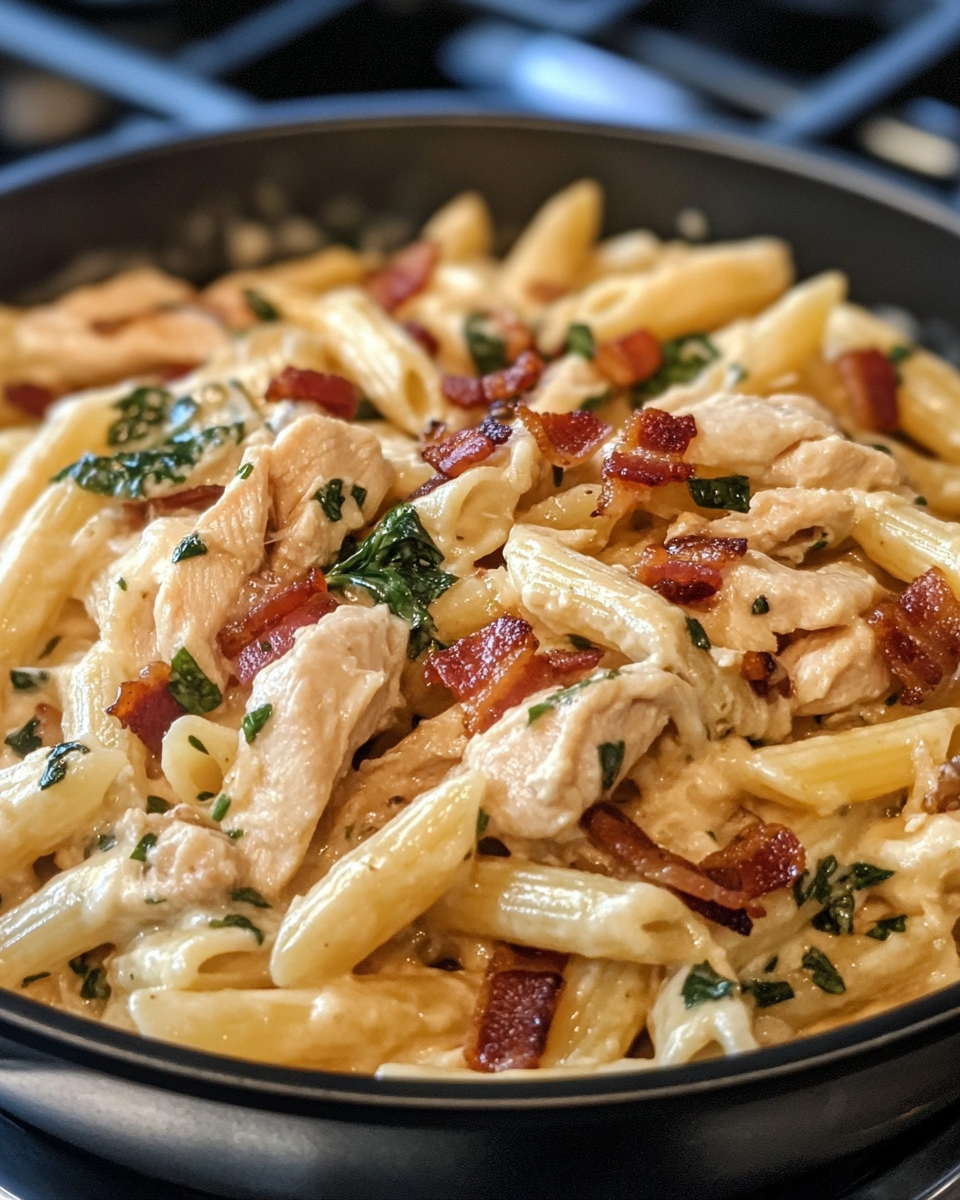 Cooking process of creamy chicken bacon ranch pasta showing sauce preparation