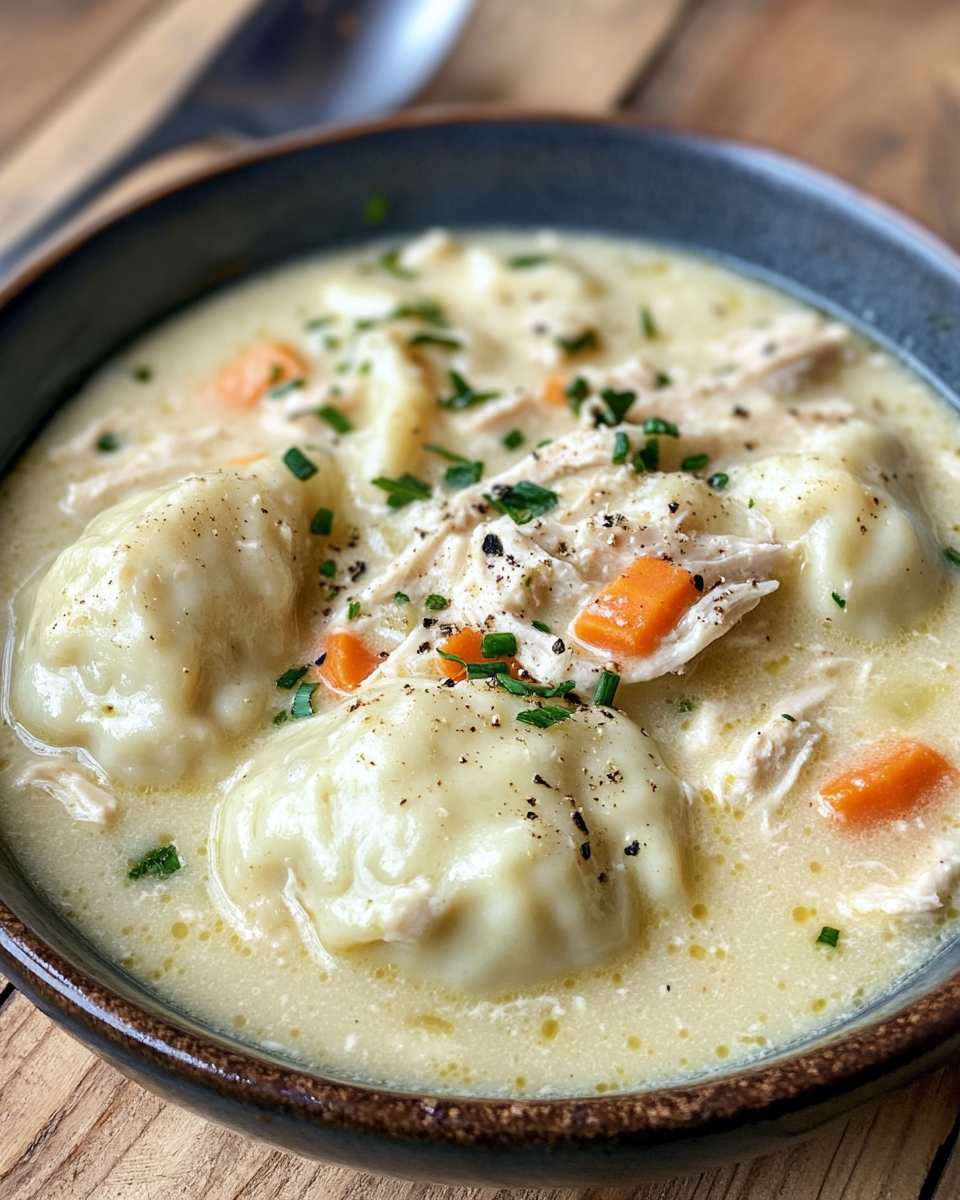 Serving of chicken and dumplings fresh from pressure cooker
