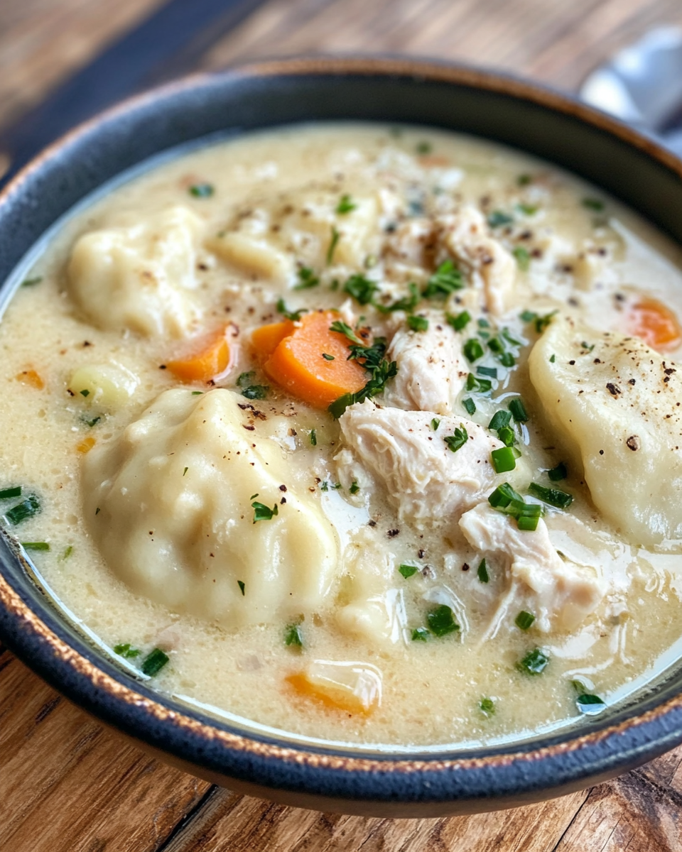 Creamy chicken and dumpling soup in a bowl - comfort food