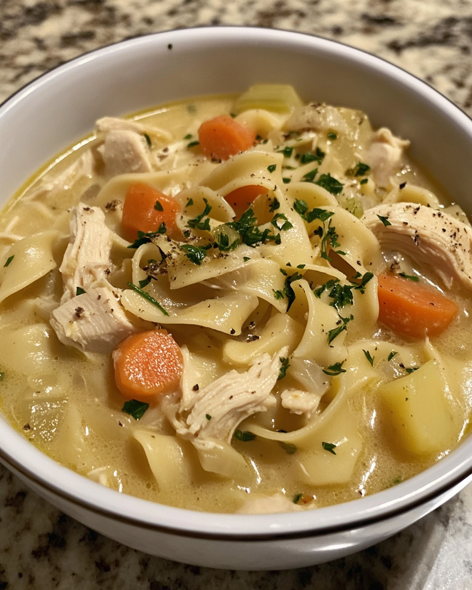 Ingredients for creamy chicken noodle soup prepared and ready to add to pot