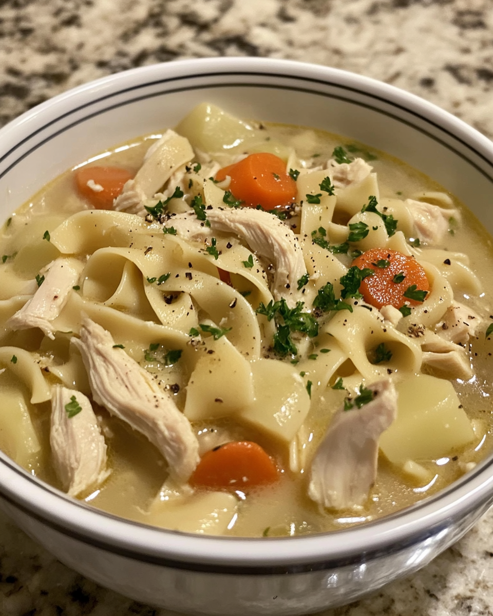 Creamy chicken noodle soup simmering in pot with fresh herbs on top