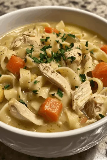 Creamy Chicken Noodle Soup with Potatoes taken with iphone 15 pro max --iw 2 --ar 4:5 --v 6.1 --raw