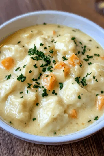 Creamy Knoephla Soup (Potato and Dumplings) taken with iphone 15 pro max --iw 2 --ar 4:5 --v 6.1 --raw