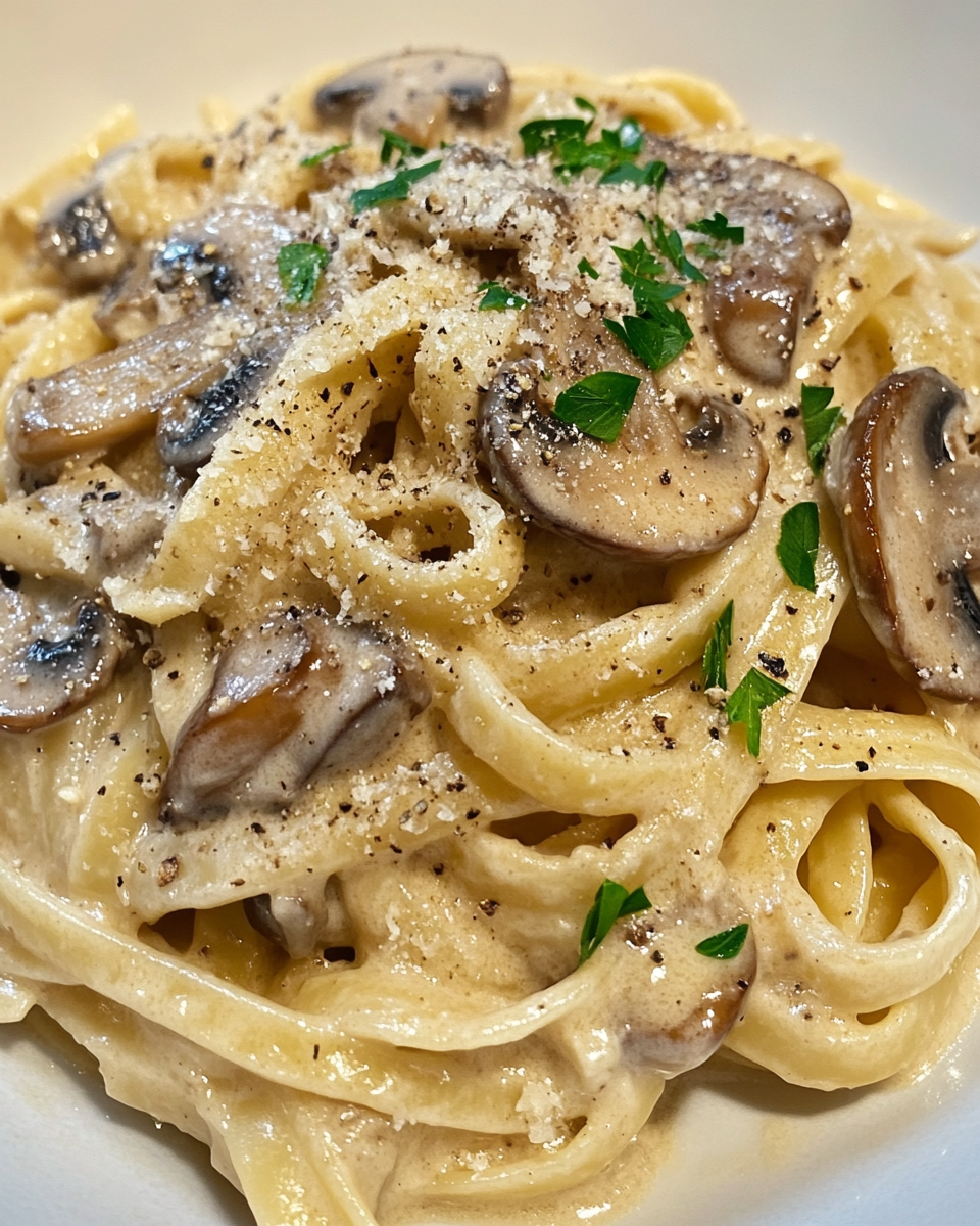 Sautéing mushrooms and garlic with fresh thyme for creamy pasta sauce