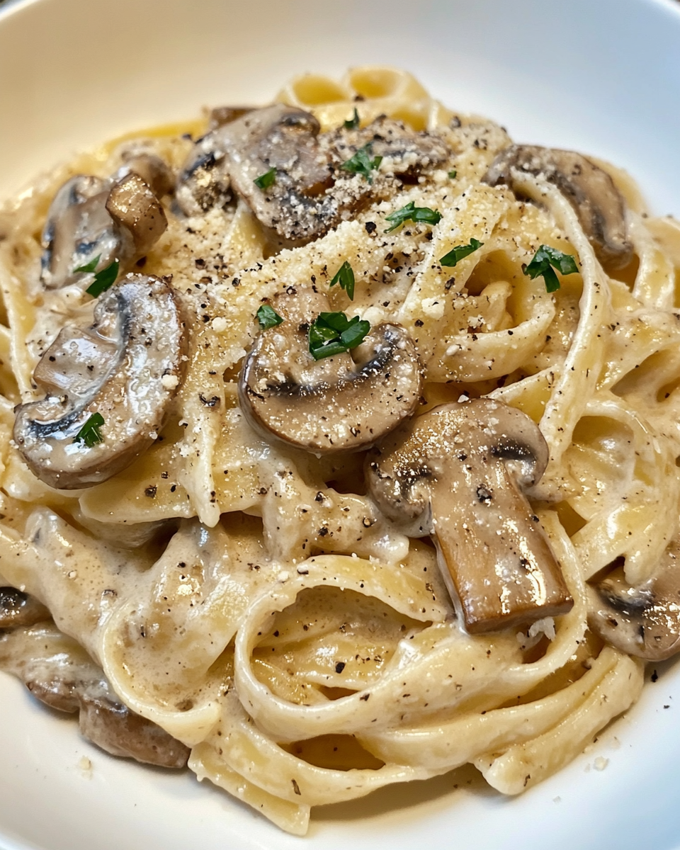 Creamy mushroom pasta served with fresh thyme and parmesan garnish