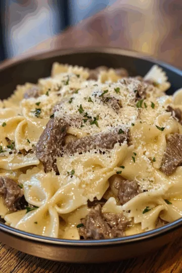 Creamy Parmesan Garlic Beef Bowtie Pasta taken with iphone 15 pro max --iw 2 --ar 4:5 --v 6.1 --raw