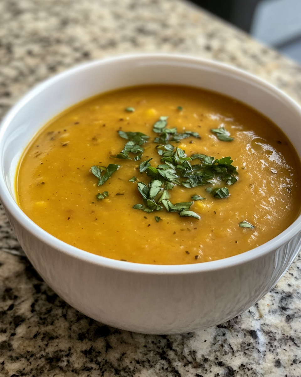 Serving bowl of creamy red lentil and butternut squash soup garnished with yogurt and smoked almonds