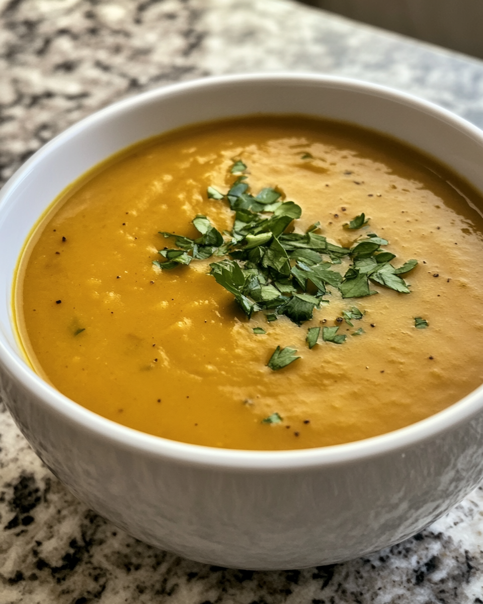 Creamy red lentil and butternut squash soup simmering in pressure cooker