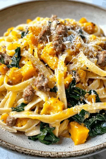 Creamy Roasted Butternut Squash Pasta with Sausage and Spinach taken with iphone 15 pro max --iw 2 --ar 4:5 --v 6.1 --raw
