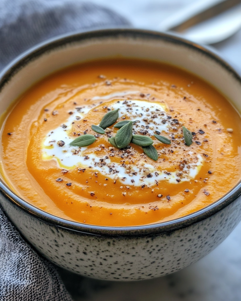 Creamy roasted butternut squash soup ready to serve in a bowl with garnish