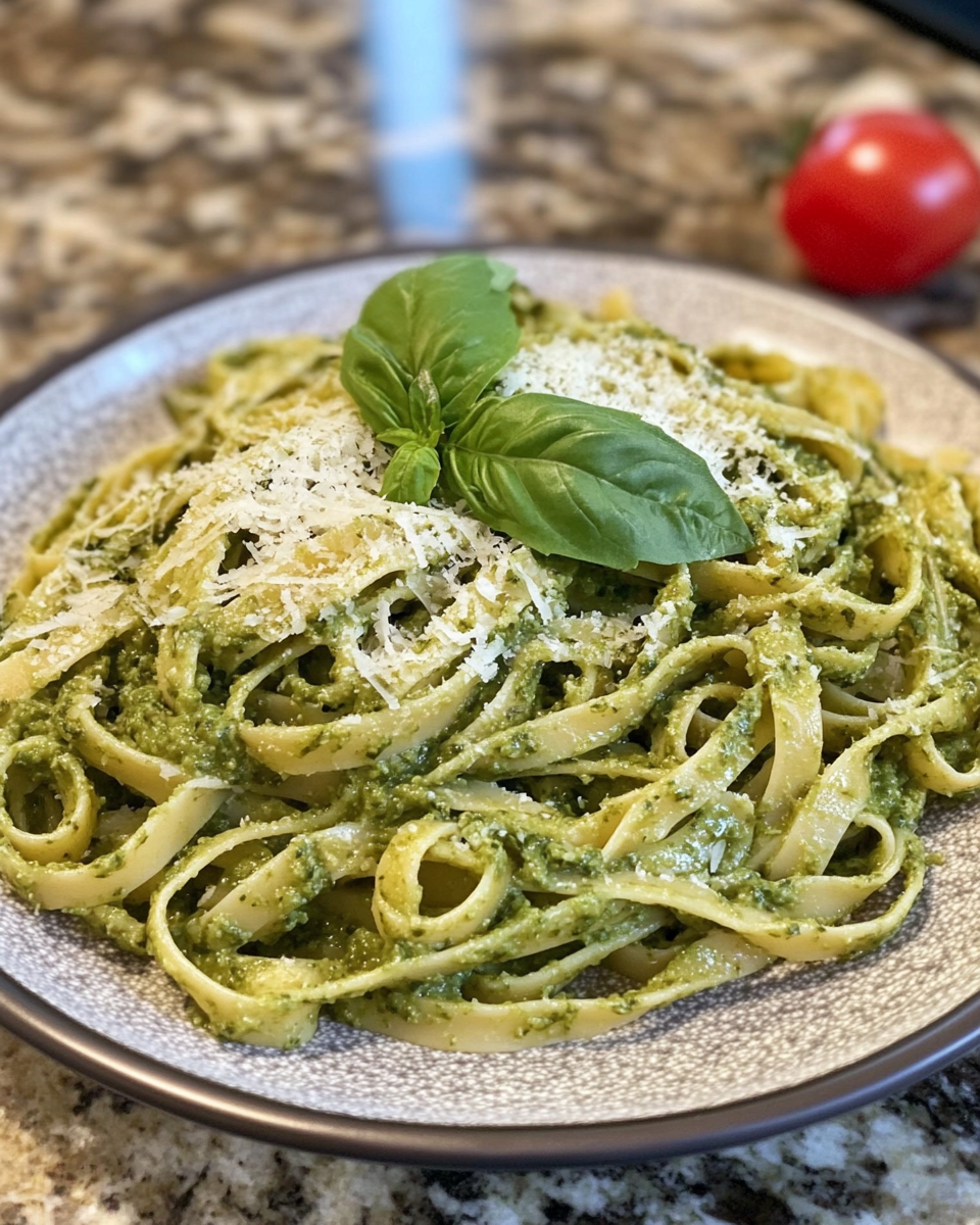 Final plated creamy spinach pesto pasta served with Parmesan cheese
