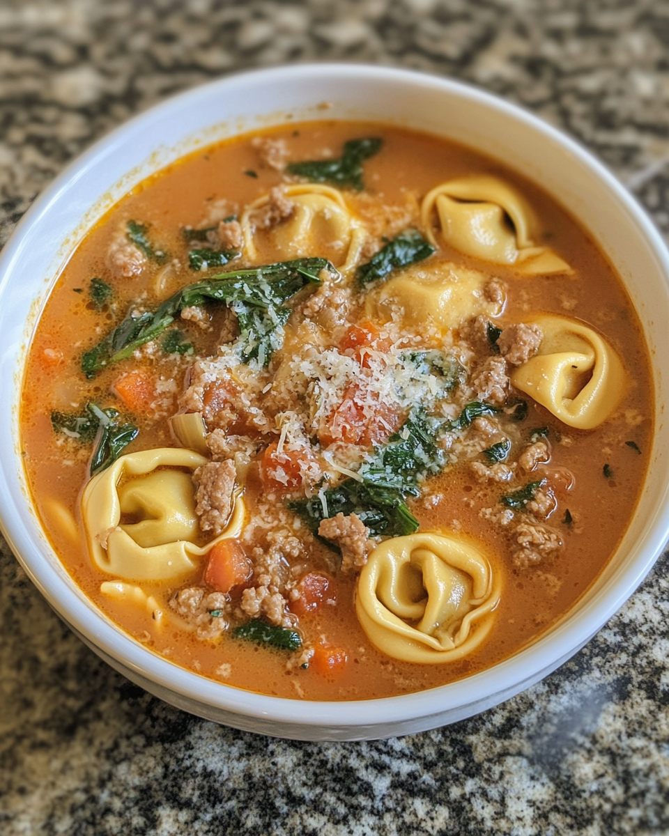 Ingredients layered in pressure cooker for creamy tortellini soup