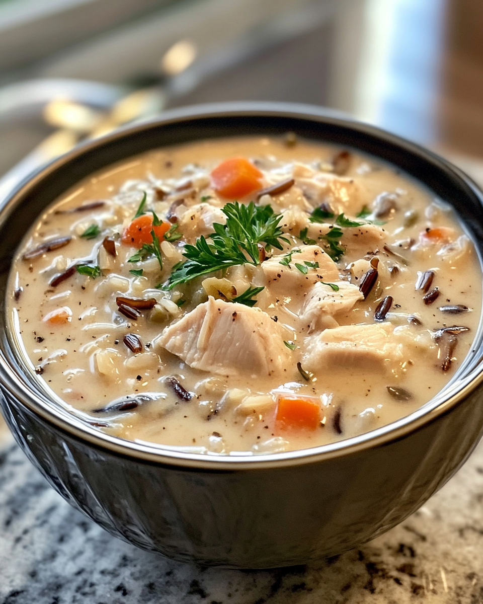 Ingredients for creamy turkey and wild rice soup laid out on a kitchen counter