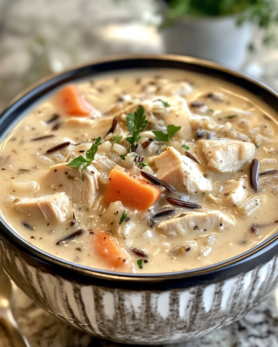 Steaming pot of creamy turkey wild rice soup in a pressure cooker