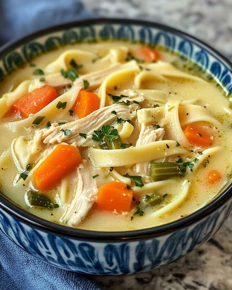 Ingredients for creamy veggie chicken noodle soup in bowls