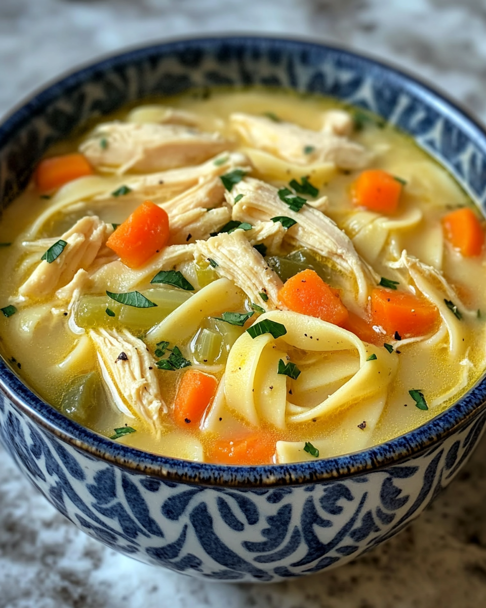 Final creamy veggie chicken noodle soup served with scallion garnish