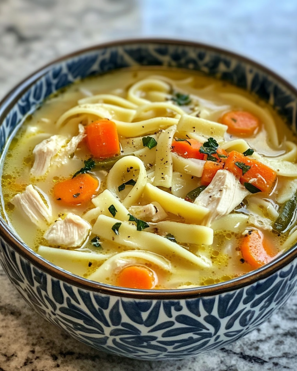 Creamy veggie chicken noodle soup freshly made in cooker