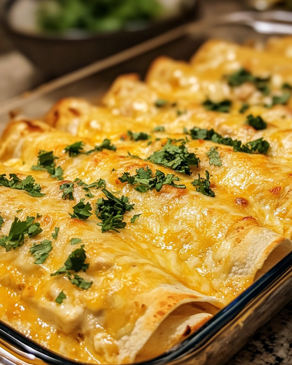 Golden brown bubbly cheesy top of creamy white chicken enchiladas fresh from oven