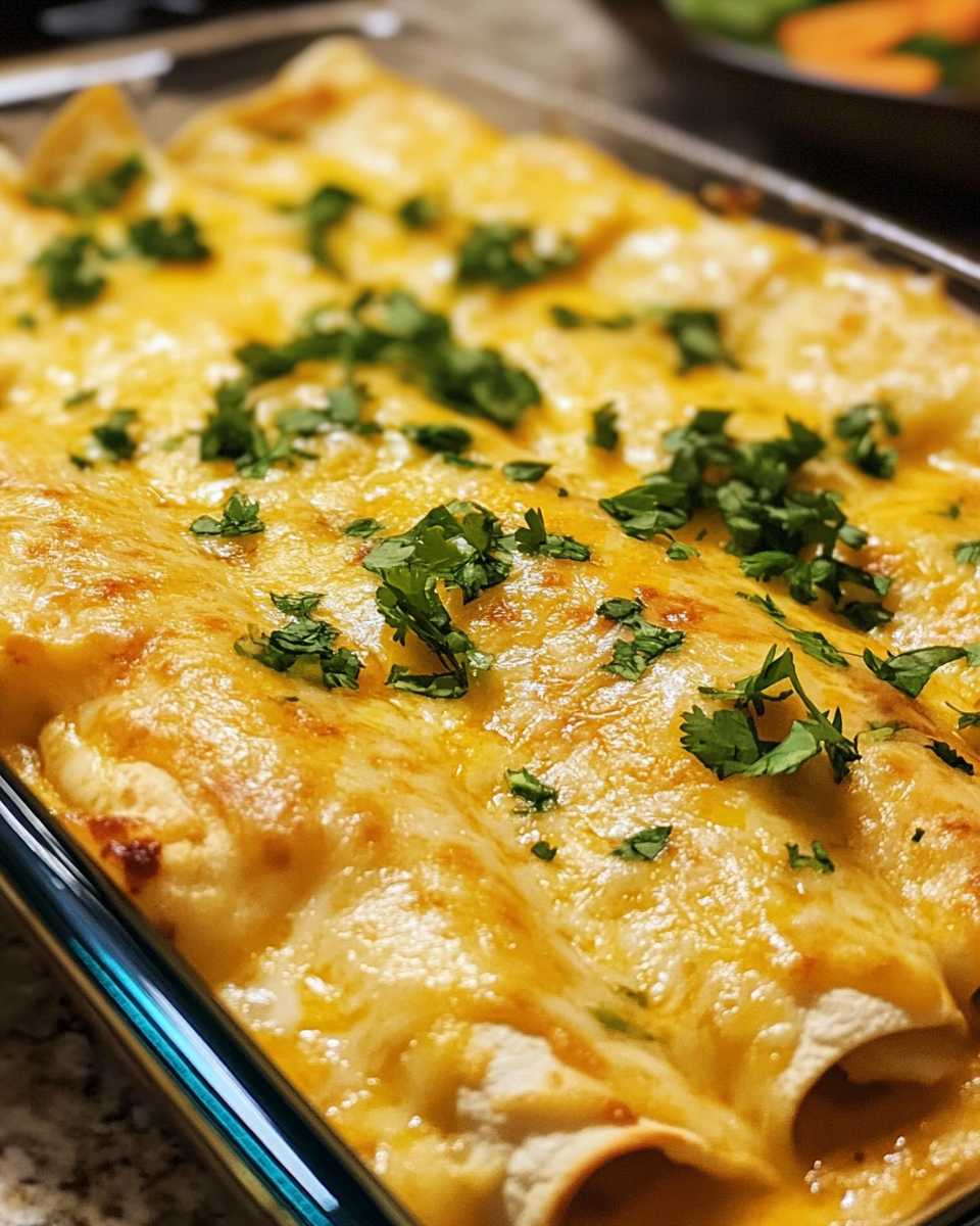 Creamy white chicken enchiladas cooking in pressure cooker with melted cheese