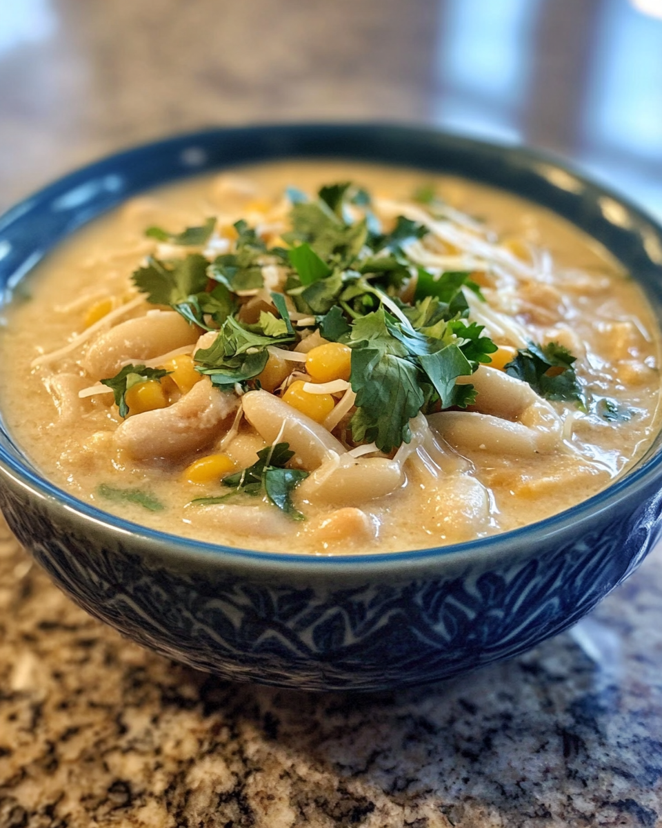 Finished creamy white chili served in a bowl with garnishes