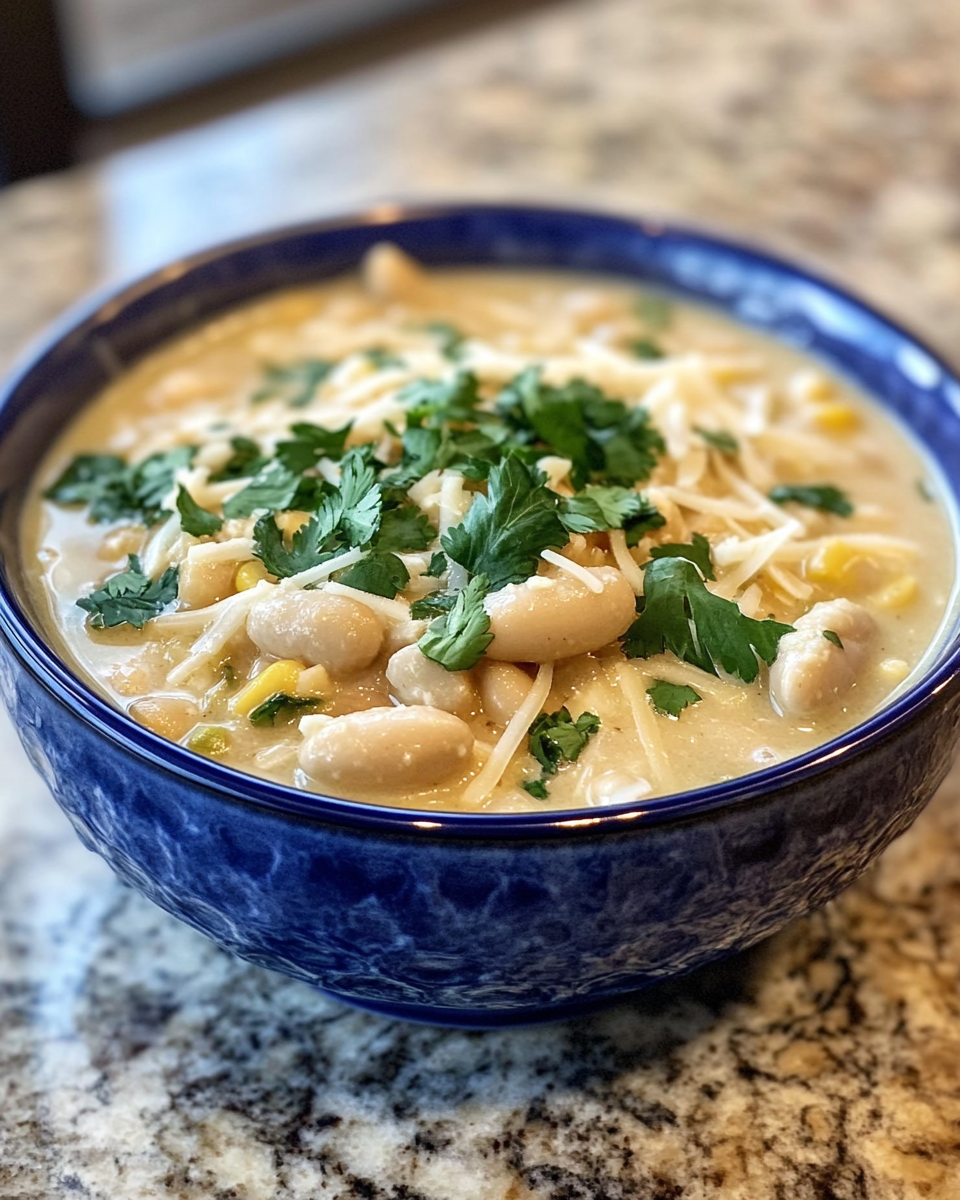 Creamy white chili simmering in pressure cooker pot