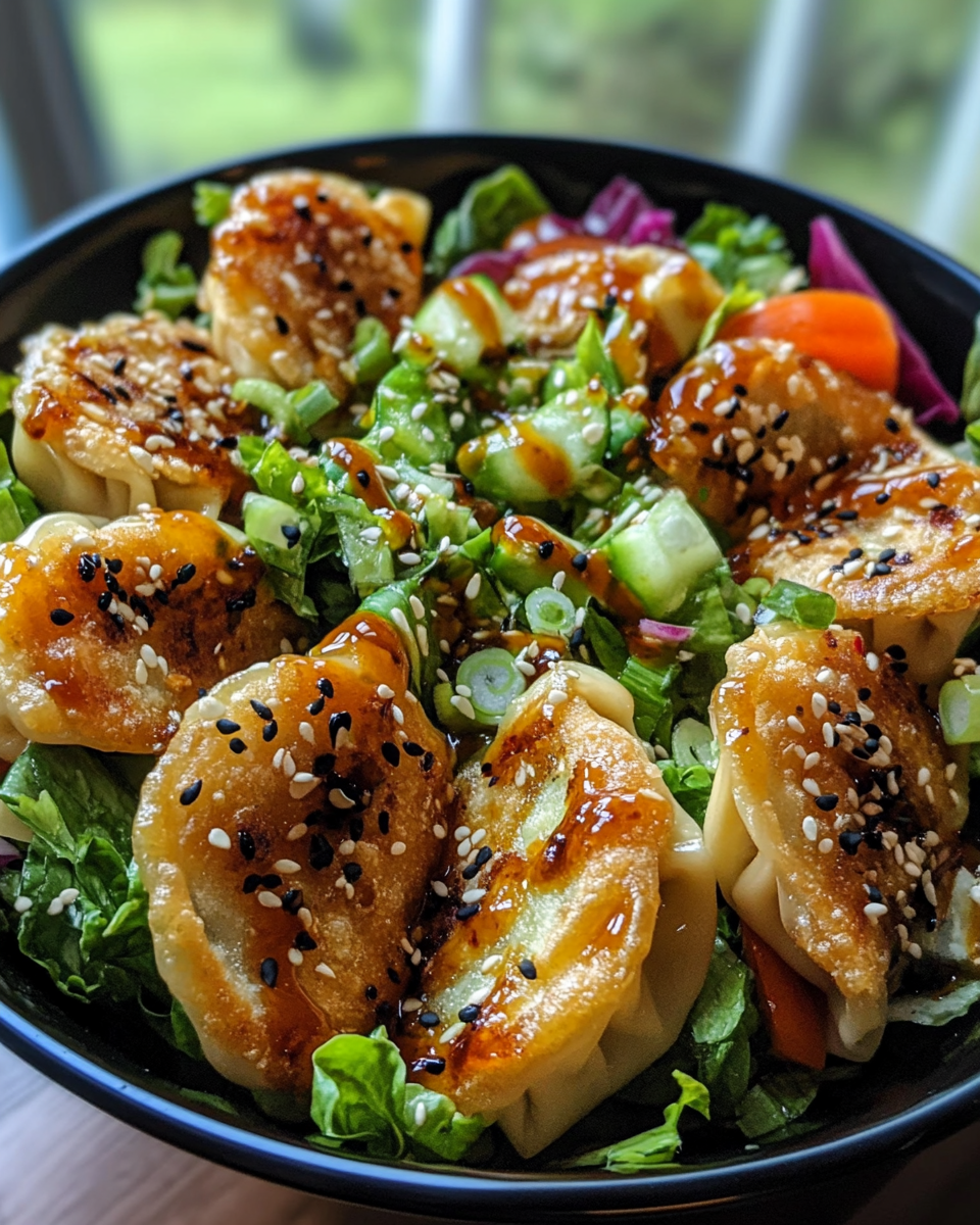 Close-up of finished crispy dumpling salad plated and ready to serve