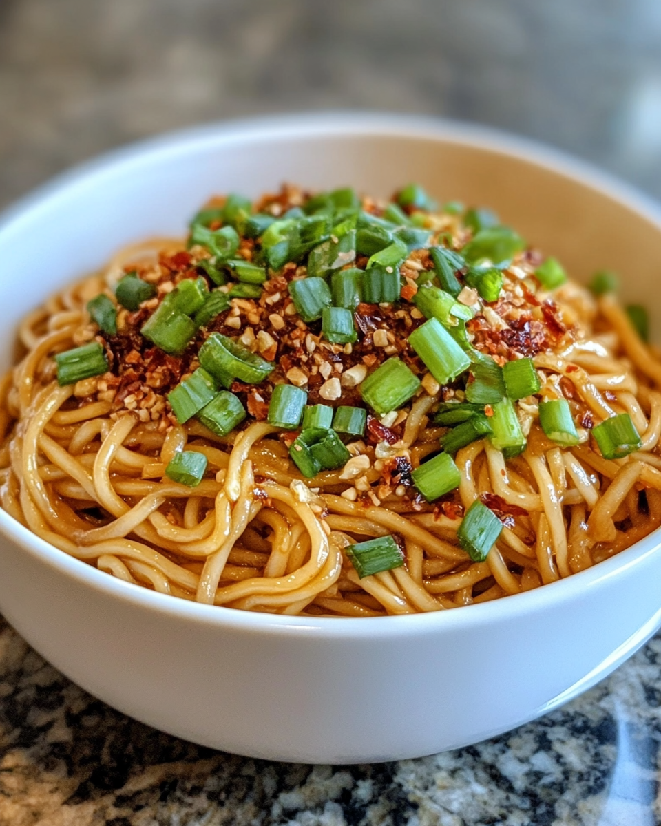 Finished Dan Dan noodles topped with spicy pork and crushed peanuts