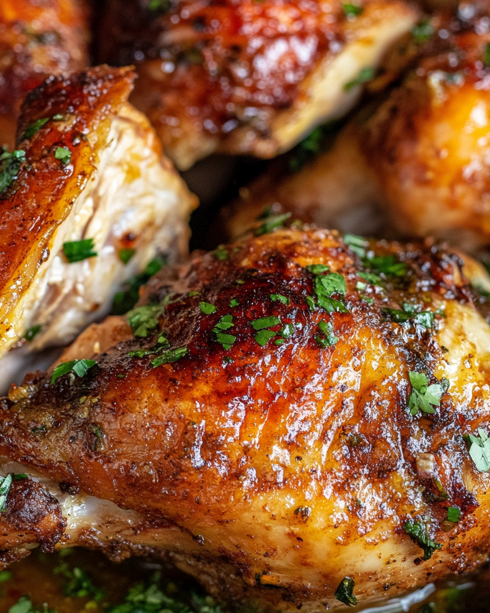 Golden crispy skin of finished Peruvian roasted chicken