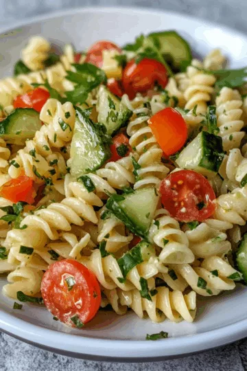 Cucumber Pasta Salad taken with iphone 15 pro max --iw 2 --ar 4:5 --v 6.1 --raw
