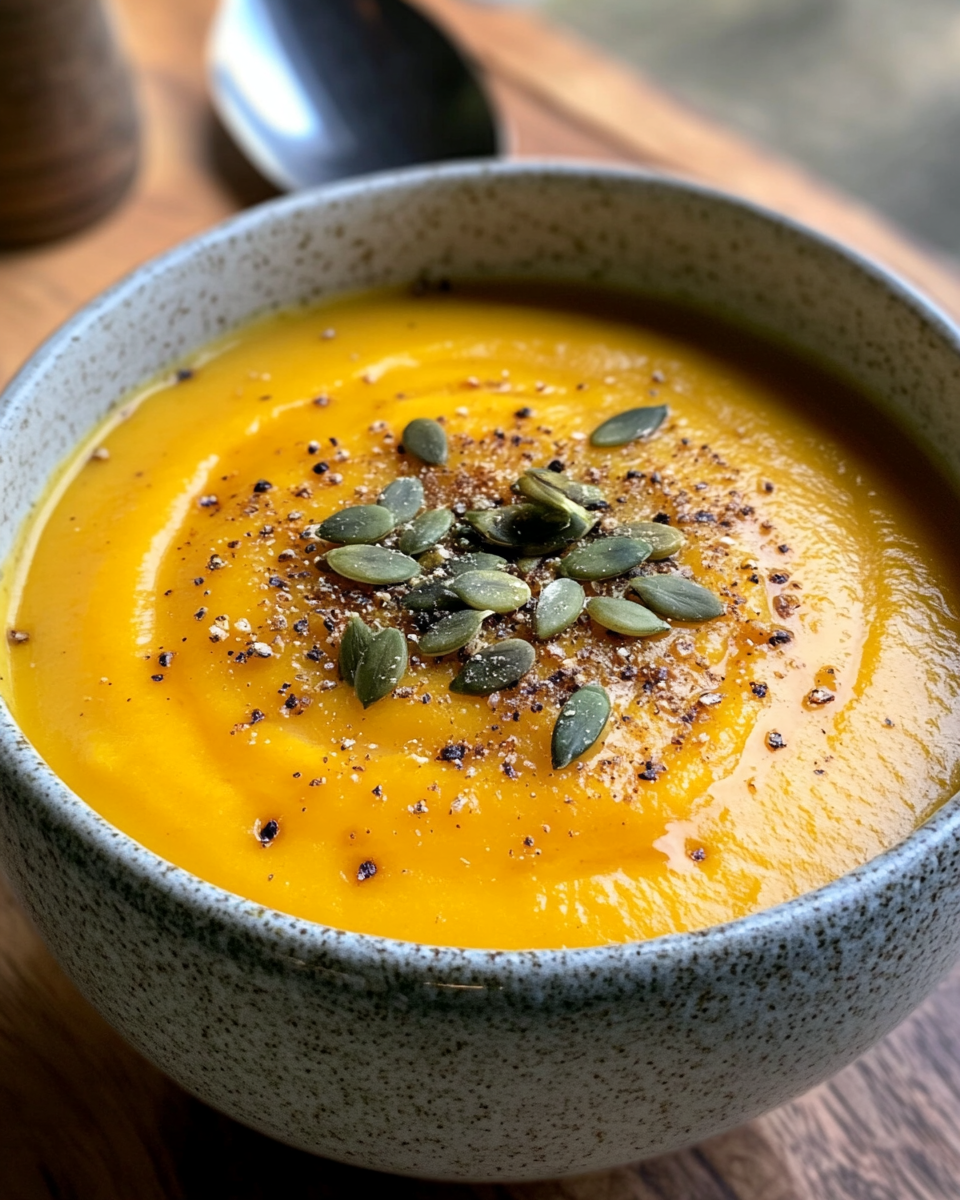 Finished bowl of curried butternut squash soup with sour cream and cilantro garnish