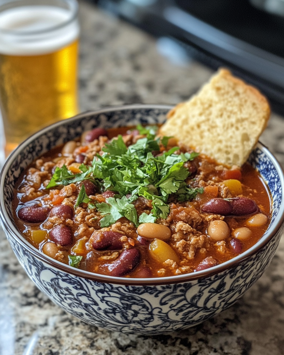 Serving bowl full of thick and hearty turkey chili with fresh ingredients
