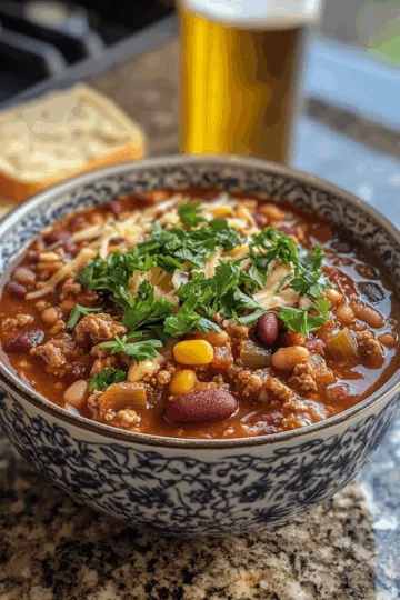 Damn Good Turkey Chili with Beans & Beer (Thick & Hearty!) taken with iphone 15 pro max --iw 2 --ar 4:5 --v 6.1 --raw
